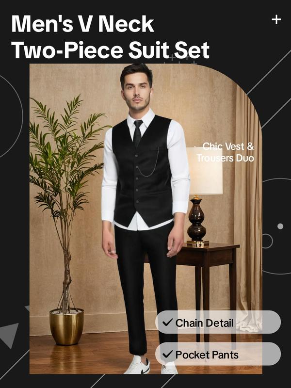 Two-Piece Set Men's Solid Button Front Suit Vest & Pocket Pants Suit Set, Chain Decor V Neck Top & Trousers, Men's Formal Outfits for Work Office Business, Fall Clothes