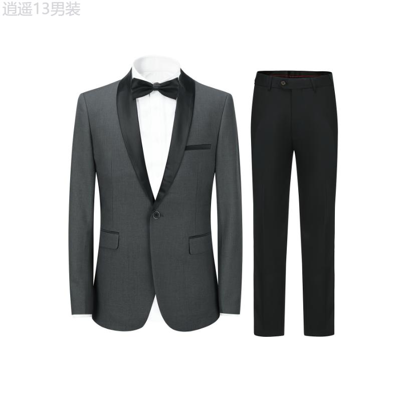 Formal 2 Pieces Set, Men's One Button Suit Jacket & Dress Pants Suit Set For Business Dinner Wedding Party Menswear Collar Tops Viscose