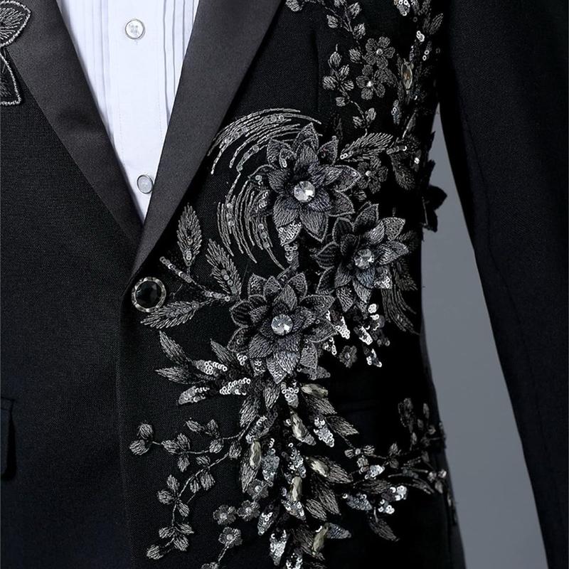 Mens 2 Pieces Luxury Embroidered Suits 1 Button Print Dinner Tuxedo Jacket Pants Prom Wedding Elegant Blazer Dress Suit