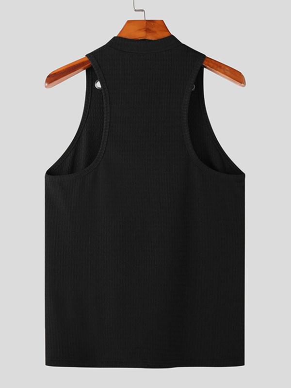 Men's Textured Grommet Eyelet Mock Neck Tank Top, Casual Sleeveless Top For Summer, Fashion Men's Streetwear Clothes For Daily Wear