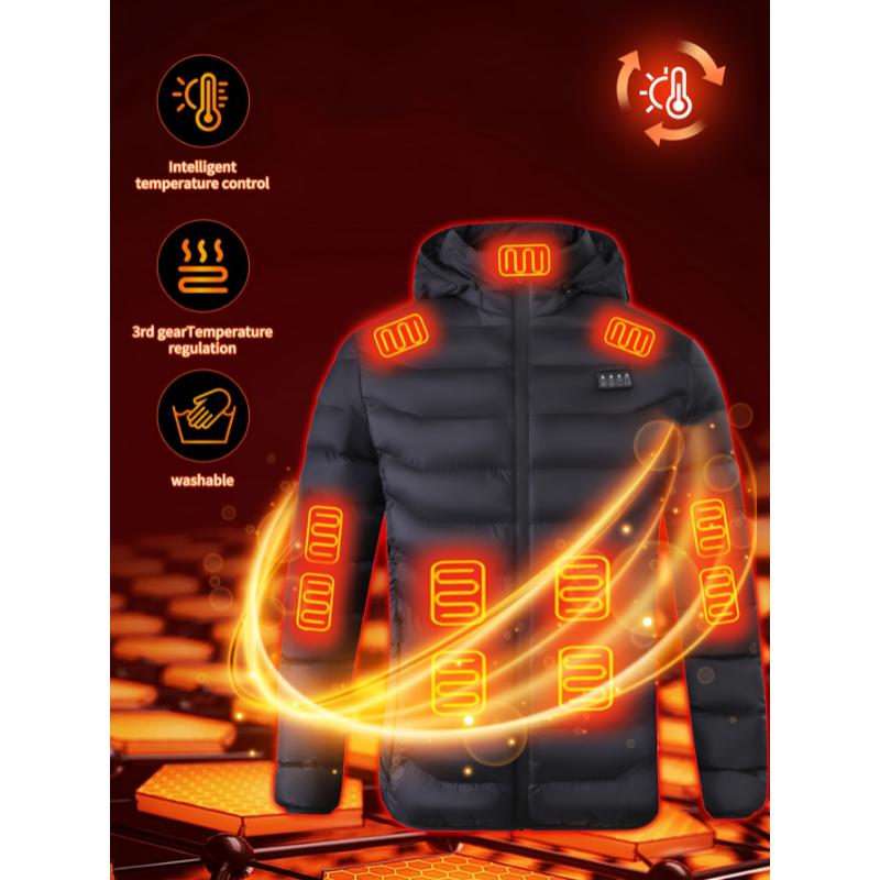 A Men's Smart Heated Jacket With 21 Heating Zones, 4 Levels Of Temperature Control, Hooded Polyester Jacket, Mixed Materials, Non-elastic Solid Color Autumn winter Jacket, Zipper Closure christmas 2024 ornament glass cleaner Cotton Menswear Silk Coats