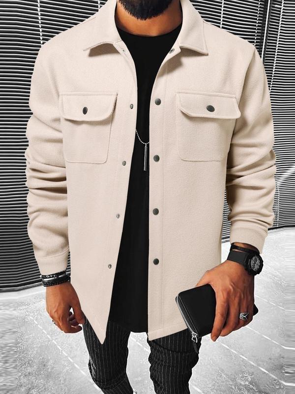 Men's Plain Long Sleeve Jacket, Men Designer Clothes, Casual Classic Button Front Flap Pocket Collared Outerwear for Fall, Designer Jacket Streetwear for Fall, Going Out Tops, Fall Outfits, Earthtone Fallfreshness