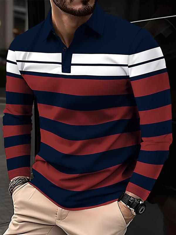 Men's Colorblock Striped Print Polo Shirt, Regular Fit Casual Long Sleeve Button Front Top for All Seasons, Fashion Men's Clothes for Daily Wear