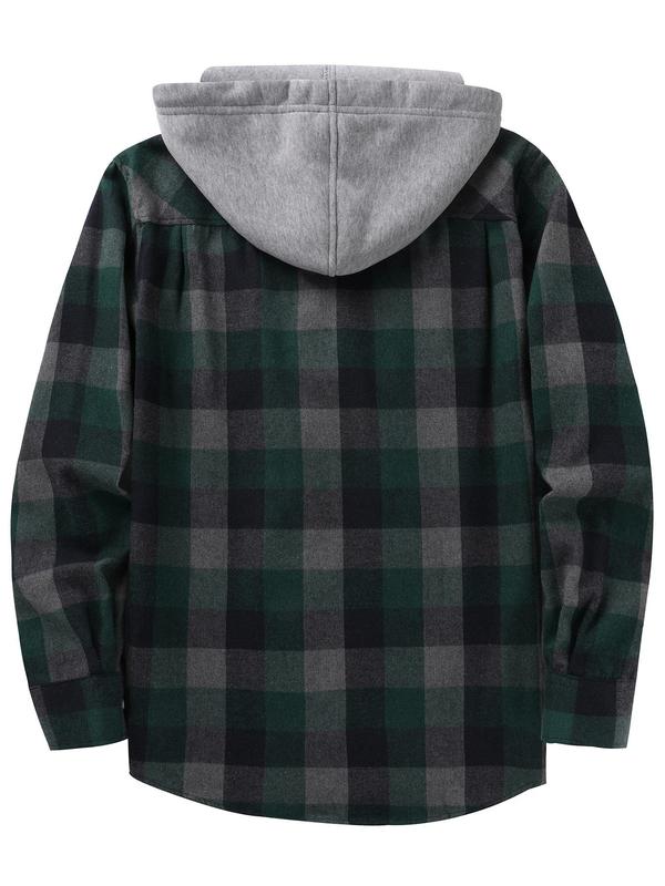 Men's Plaid Print Button Front Drawstring Hooded Shirt, Regular Fit Casual Long Sleeve Pocket Top for Spring & Fall, Men's Clothes for Daily Wear