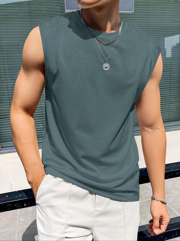 Men's Loose Solid Round Neck Tank Top, Casual Streetwear Sleeveless Top for Summer, Summer Outfits for Men, Fashion Men's Clothing for Daily Wear