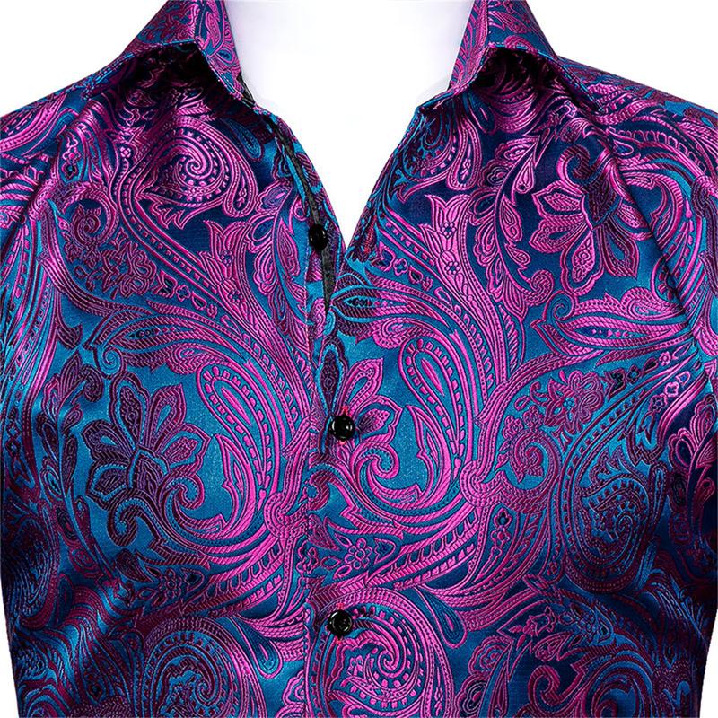 Self-Design Men's Luxury Formal Casual Dark Purple Long Sleeve Dress Shirt Paisley Floral Printed Button Down Shirts for Party Prom