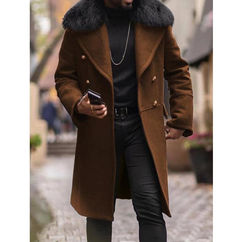 [Multicolor] Upgraded Version Casual Woolen Coat Solid Color Slim Double Breasted Men's Coat Fur Collar