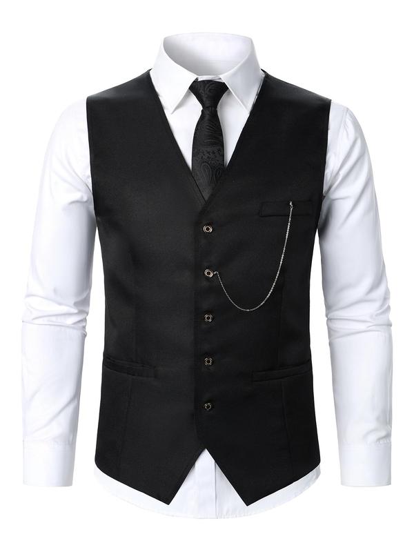 Two-Piece Set Men's Solid Button Front Suit Vest & Pocket Pants Suit Set, Chain Decor V Neck Top & Trousers, Men's Formal Outfits for Work Office Business, Fall Clothes