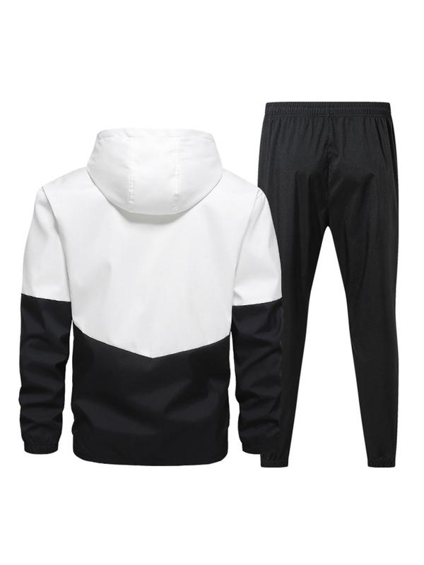 Men's Colorblock Zip Up Pocket Hoodie & Solid Drawstring Waist Pants Two-piece Set, Regular Fit Casual Long Sleeve Drawstring Hooded Sweatshirt & Pocket Trousers for Daily Wear, Men's Two-piece Outfits for All Seasons