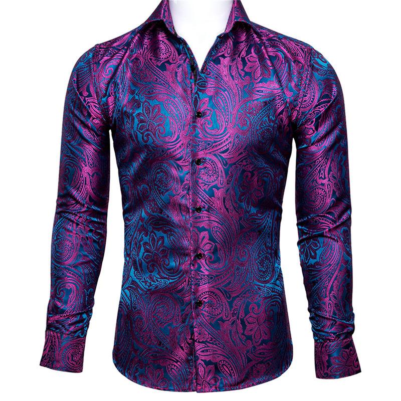 Self-Design Men's Luxury Formal Casual Dark Purple Long Sleeve Dress Shirt Paisley Floral Printed Button Down Shirts for Party Prom