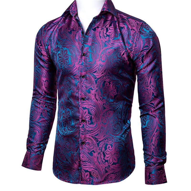 Self-Design Men's Luxury Formal Casual Dark Purple Long Sleeve Dress Shirt Paisley Floral Printed Button Down Shirts for Party Prom