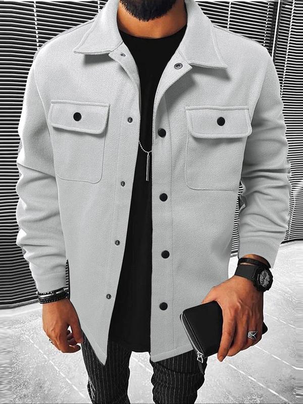 Men's Plain Long Sleeve Jacket, Men Designer Clothes, Casual Classic Button Front Flap Pocket Collared Outerwear for Fall, Designer Jacket Streetwear for Fall, Going Out Tops, Fall Outfits, Earthtone Fallfreshness