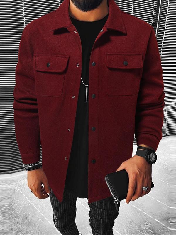 Men's Plain Long Sleeve Jacket, Men Designer Clothes, Casual Classic Button Front Flap Pocket Collared Outerwear for Fall, Designer Jacket Streetwear for Fall, Going Out Tops, Fall Outfits, Earthtone Fallfreshness