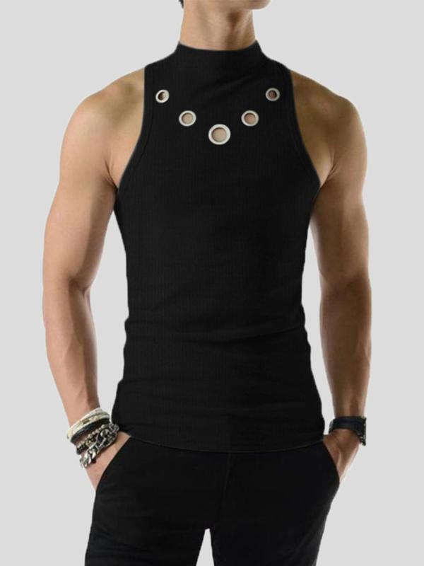 Men's Textured Grommet Eyelet Mock Neck Tank Top, Casual Sleeveless Top For Summer, Fashion Men's Streetwear Clothes For Daily Wear