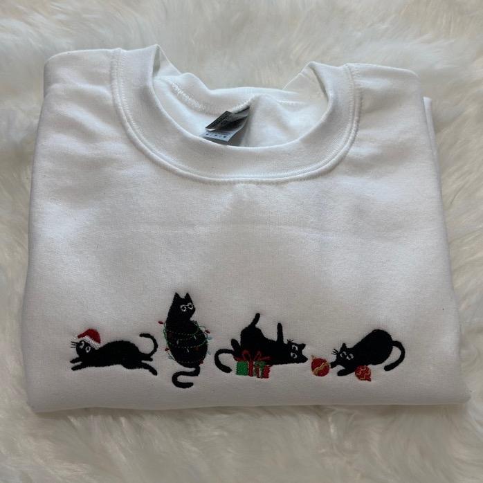 EMBROIDERED Black Christmas Cats Sweatshirt - Meowy Christmas Cats Embroidered Unisex Sweatshirt Black Cats, Cats Gift sweatshirt, Christmas cats