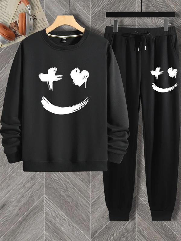 Two-piece Set Men's Cartoon Face Print Crewneck Sweatshirt & Drawstring Waist Sweatpants Set, Men's Designer Outfits Set, Regular Fit Longsleeves Top & Trousers for Fall, Streetwear, Men Back To School Clothing, Please Purchase One Size Smaller