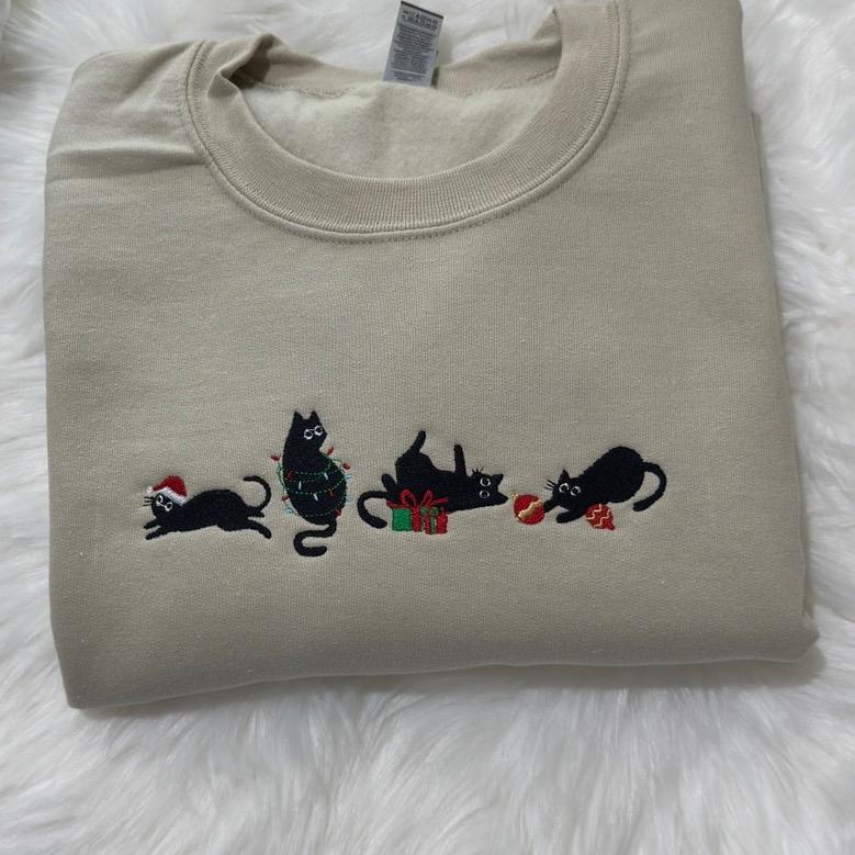 EMBROIDERED Black Christmas Cats Sweatshirt - Meowy Christmas Cats Embroidered Unisex Sweatshirt Black Cats, Cats Gift sweatshirt, Christmas cats