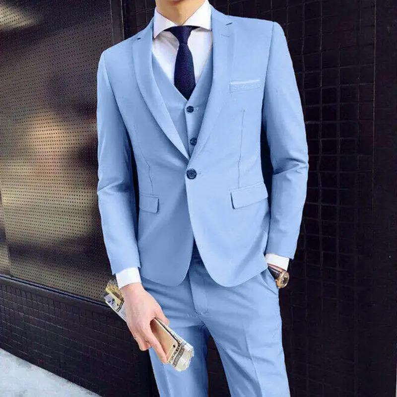 Men Three-piece Suit Elegant Men's Formal Business Suit Set with Slim Fit Coat Pants Vest Classic Groom Wedding Attire in Solid