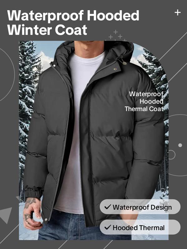 Men's Solid Color Drawstring Pocket Zip Up Waterproof Hooded Winter Coat, Regular Fit Casual Long Sleeve Thermal Outerwear for Fall & Winter, Men's Clothes for Daily Wear