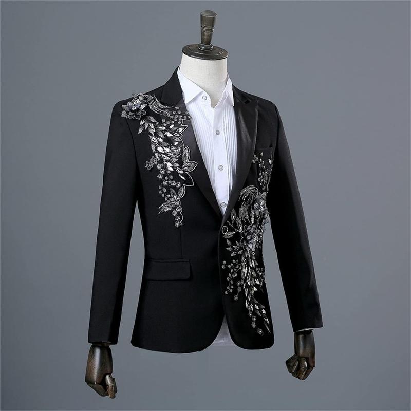 Mens 2 Pieces Luxury Embroidered Suits 1 Button Print Dinner Tuxedo Jacket Pants Prom Wedding Elegant Blazer Dress Suit