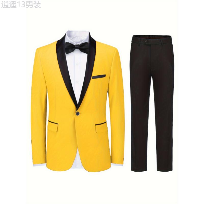 Formal 2 Pieces Set, Men's One Button Suit Jacket & Dress Pants Suit Set For Business Dinner Wedding Party Menswear Collar Tops Viscose