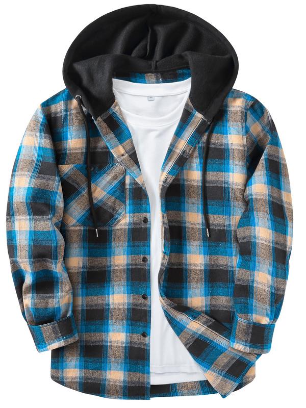 Men's Plaid Print Button Front Drawstring Hooded Shirt, Regular Fit Casual Long Sleeve Pocket Top for Spring & Fall, Men's Clothes for Daily Wear