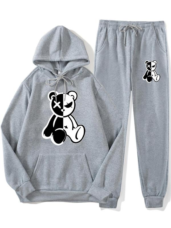 Two Counts Men's Cartoon Bear Print Hoodie & Drawstring Waist Sweatpants Set, Graphic Sweatsuit Sets for Men, Casual Long Sleeve Hooded Sweatshirt & Jogger Pants, Going Out Outfits, Fall Clothes 2024