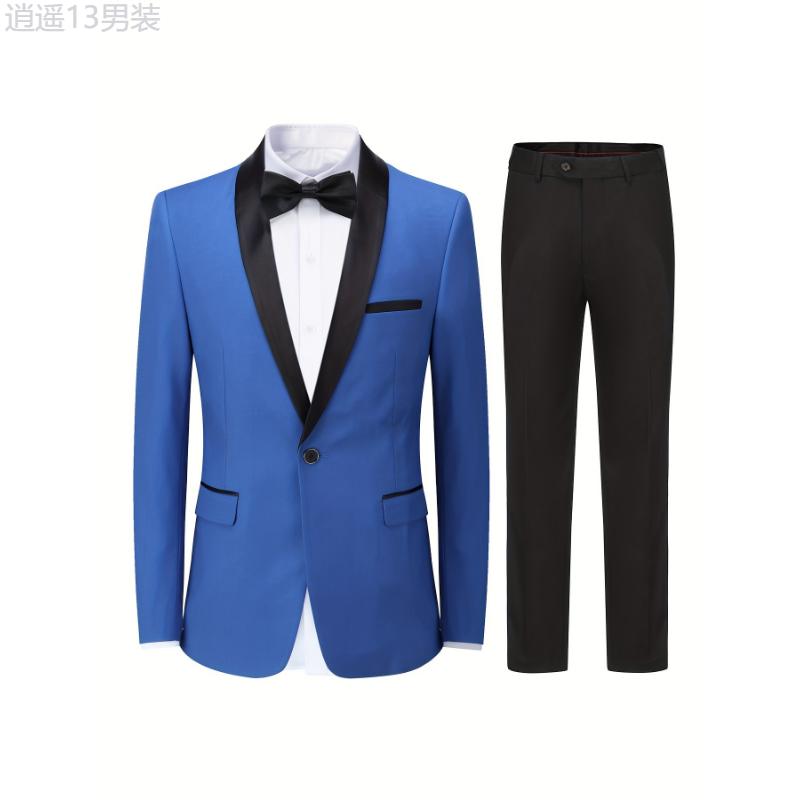 Formal 2 Pieces Set, Men's One Button Suit Jacket & Dress Pants Suit Set For Business Dinner Wedding Party Menswear Collar Tops Viscose