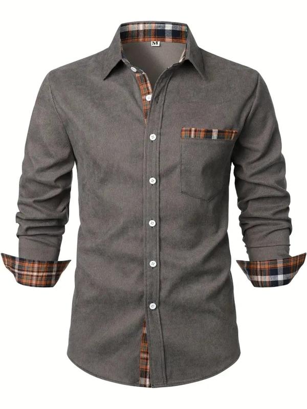 Men's Plaid Print Button Front Pocket Shirt, Regular Fit Casual Long Sleeve Collared Top for Fall & Winter, Men's Clothes for Business Work Daily Wear