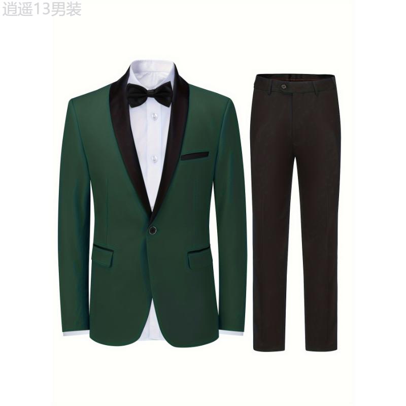 Formal 2 Pieces Set, Men's One Button Suit Jacket & Dress Pants Suit Set For Business Dinner Wedding Party Menswear Collar Tops Viscose