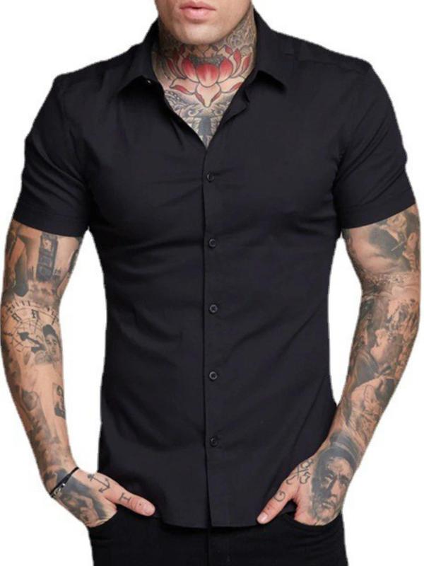 Men's Slim Solid Button Front Shirt, Business Formal Short Sleeve Collar Top for All Seasons, Casual Men's Clothes for Daily Wear