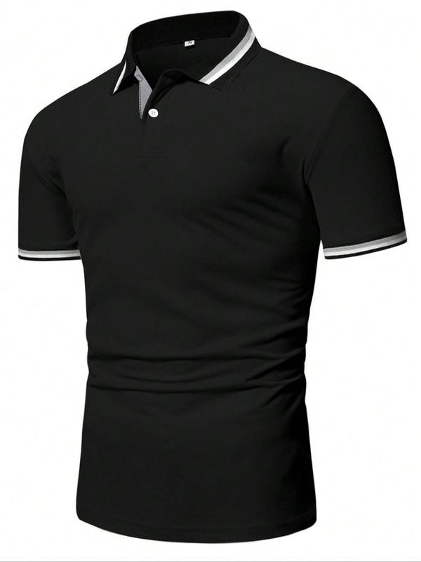 Contrast Binding Short Sleeve Polo Shirt, Regular Fit Casual Button Front Collared Top for Summer, Men's Clothes for Daily Wear