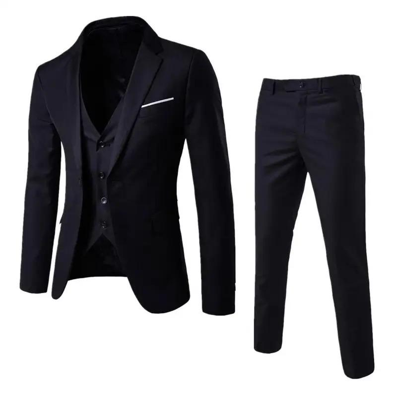 Men Three-piece Suit Elegant Men's Formal Business Suit Set with Slim Fit Coat Pants Vest Classic Groom Wedding Attire in Solid