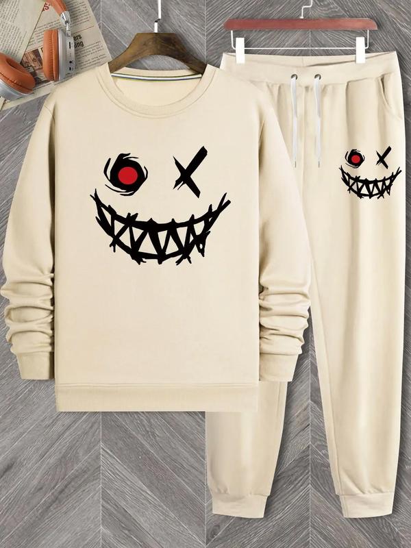 Two-piece Set Men's Cartoon Face Print Crewneck Sweatshirt & Drawstring Waist Sweatpants Set, Men's Designer Outfits Set, Regular Fit Longsleeves Top & Trousers for Fall, Streetwear, Men Back To School Clothing, Please Purchase One Size Smaller