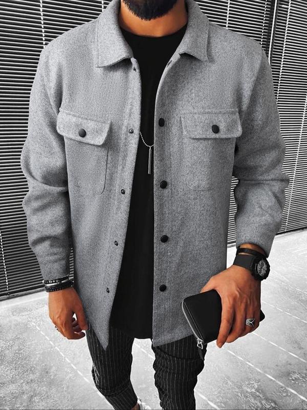 Men's Plain Long Sleeve Jacket, Men Designer Clothes, Casual Classic Button Front Flap Pocket Collared Outerwear for Fall, Designer Jacket Streetwear for Fall, Going Out Tops, Fall Outfits, Earthtone Fallfreshness