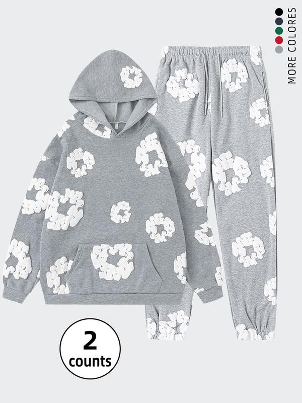 Men's Floral Print Drop Shoulder Hoodie & Drawstring Waist Sweatpants Two-piece Set, Casual Fashion Cozy Breathable Two Piece Outfits for Daily Wear, Men's Clothes for Fall & Winter