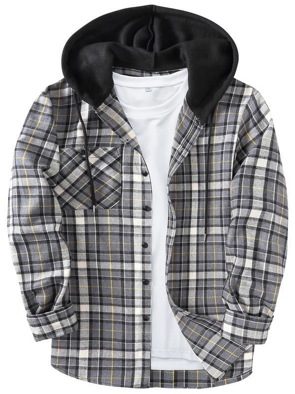 Men's Plaid Print Button Front Drawstring Hooded Shirt, Regular Fit Casual Long Sleeve Pocket Top for Spring & Fall, Men's Clothes for Daily Wear