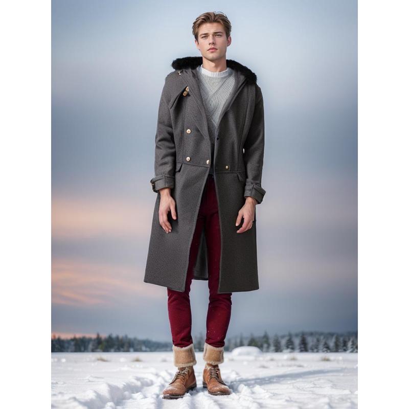 [Multicolor] Upgraded Version Casual Woolen Coat Solid Color Slim Double Breasted Men's Coat Fur Collar