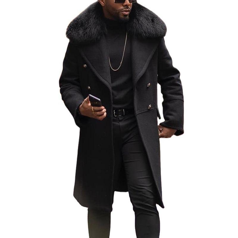 [Multicolor] Upgraded Version Casual Woolen Coat Solid Color Slim Double Breasted Men's Coat Fur Collar