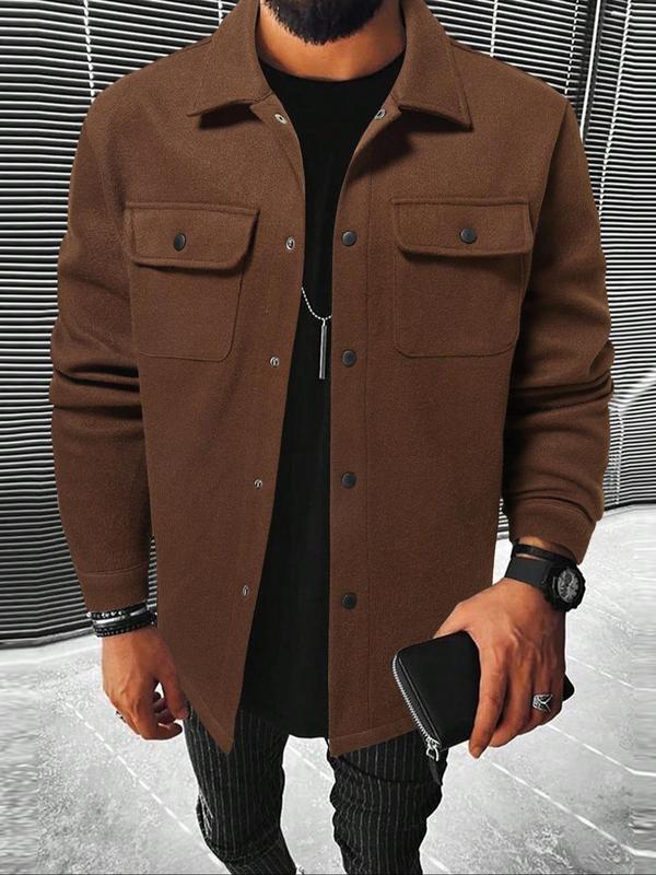 Men's Plain Long Sleeve Jacket, Men Designer Clothes, Casual Classic Button Front Flap Pocket Collared Outerwear for Fall, Designer Jacket Streetwear for Fall, Going Out Tops, Fall Outfits, Earthtone Fallfreshness