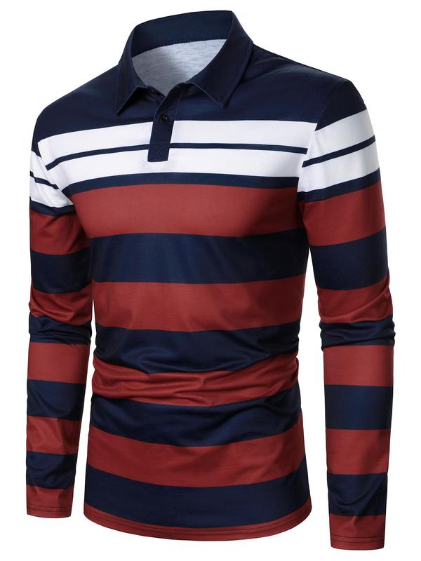 Men's Colorblock Striped Print Polo Shirt, Regular Fit Casual Long Sleeve Button Front Top for All Seasons, Fashion Men's Clothes for Daily Wear