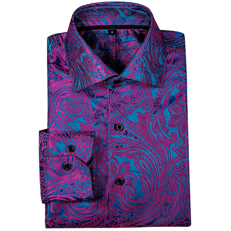 Self-Design Men's Luxury Formal Casual Dark Purple Long Sleeve Dress Shirt Paisley Floral Printed Button Down Shirts for Party Prom