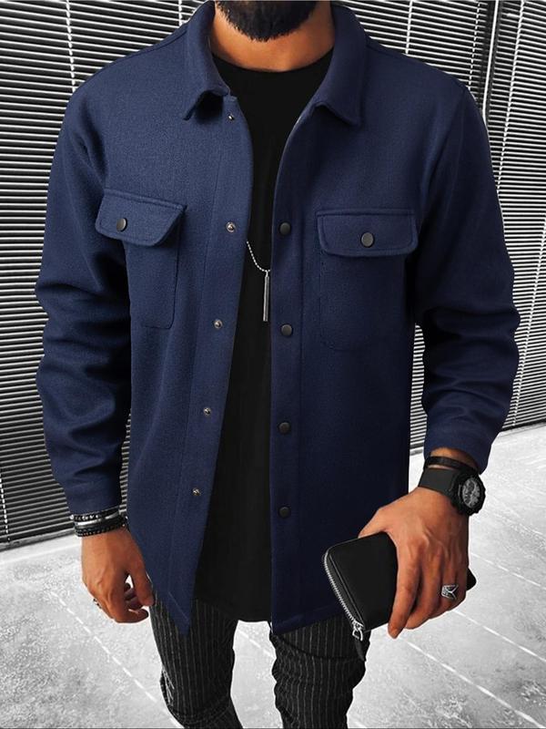 Men's Plain Long Sleeve Jacket, Men Designer Clothes, Casual Classic Button Front Flap Pocket Collared Outerwear for Fall, Designer Jacket Streetwear for Fall, Going Out Tops, Fall Outfits, Earthtone Fallfreshness