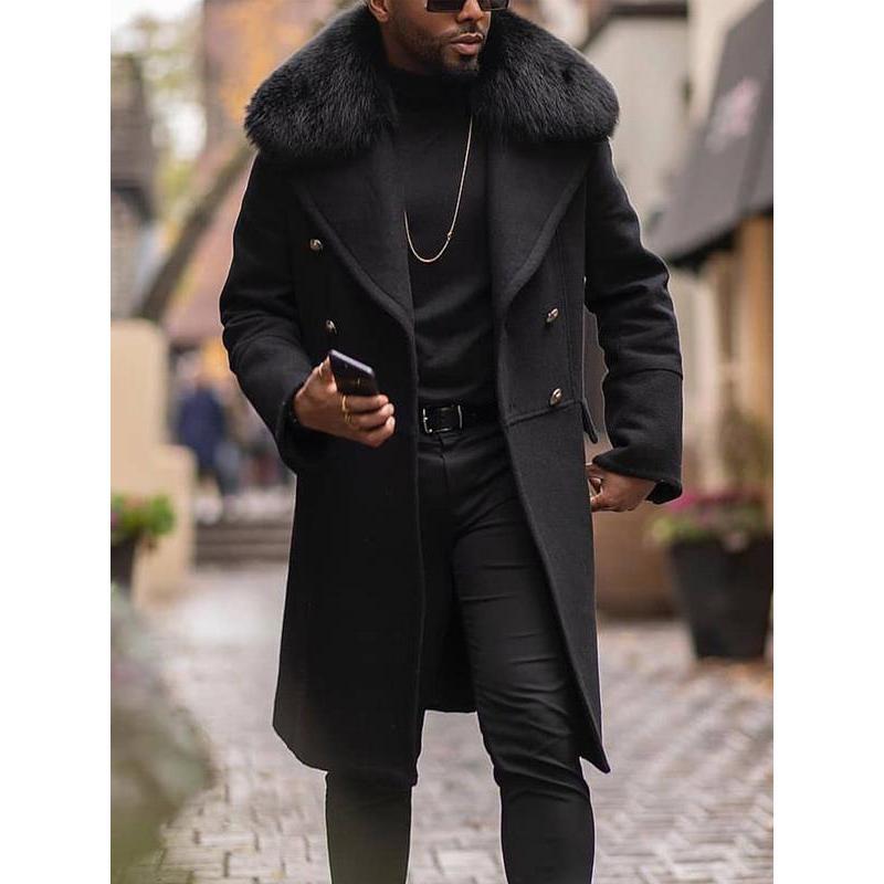 [Multicolor] Upgraded Version Casual Woolen Coat Solid Color Slim Double Breasted Men's Coat Fur Collar