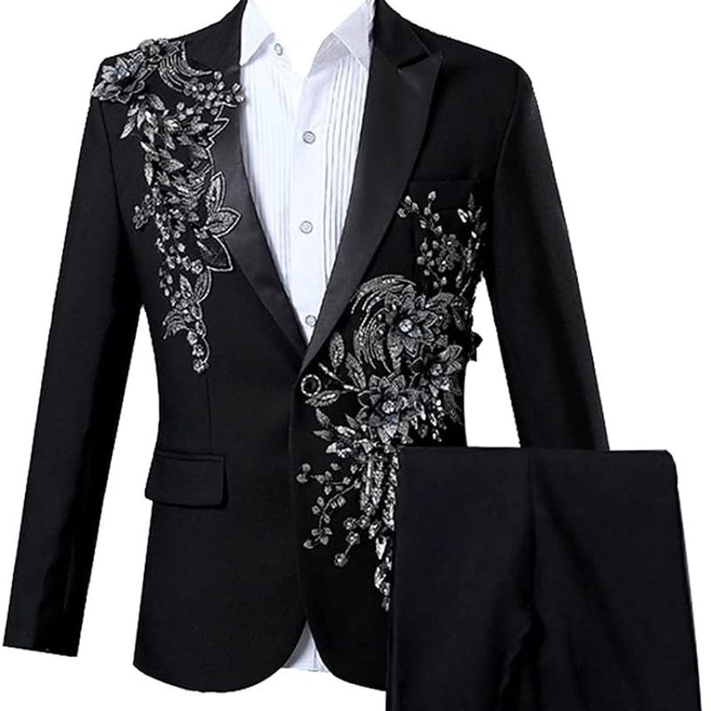 Mens 2 Pieces Luxury Embroidered Suits 1 Button Print Dinner Tuxedo Jacket Pants Prom Wedding Elegant Blazer Dress Suit