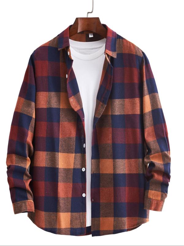 Men's Regular Fit Plaid Print Button Front Shirt Without Tee, Casual Long Sleeve Collared Top For All Seasons, Men's Clothes For Daily Wear