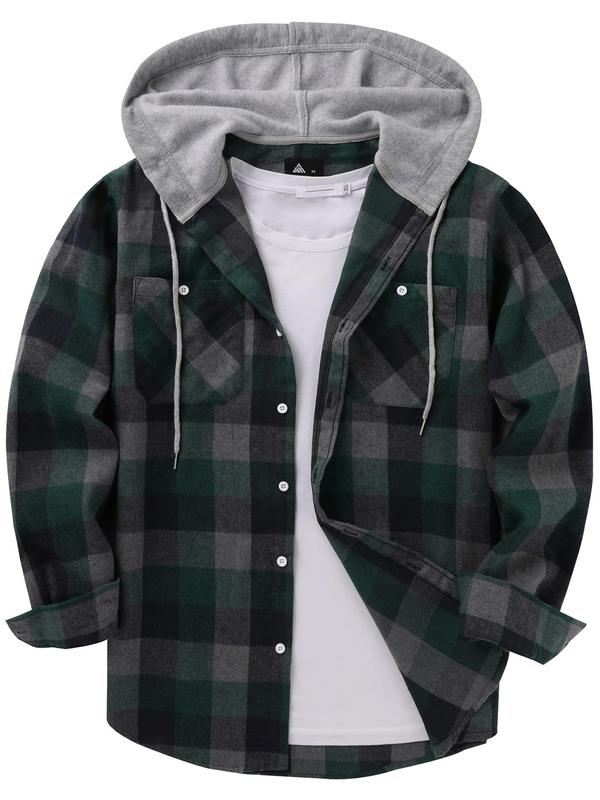 Men's Plaid Print Button Front Drawstring Hooded Shirt, Regular Fit Casual Long Sleeve Pocket Top for Spring & Fall, Men's Clothes for Daily Wear