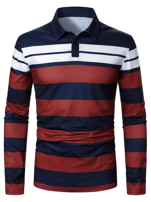 Men's Colorblock Striped Print Polo Shirt, Regular Fit Casual Long Sleeve Button Front Top for All Seasons, Fashion Men's Clothes for Daily Wear