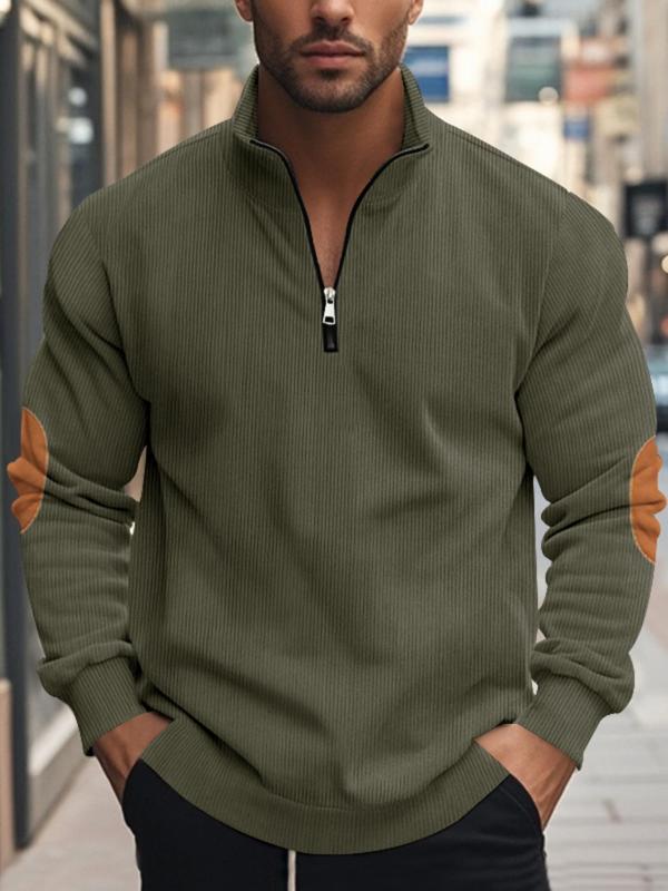 Men's Colorblock Patched Half Zip Up Funnel Neck Sweatshirt, Regular Fit Casual Long Sleeve Pullover for Spring & Fall, Fashion Men's Top for Daily Wear