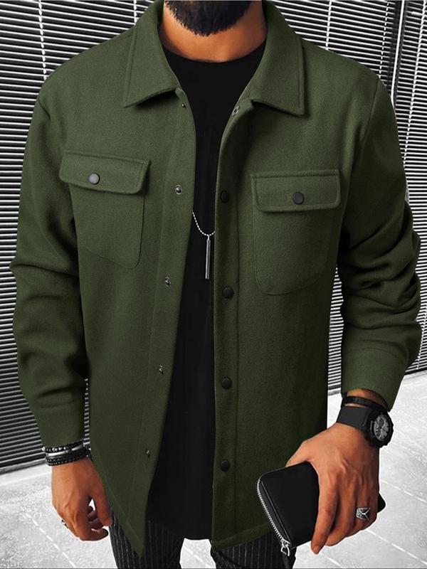 Men's Plain Long Sleeve Jacket, Men Designer Clothes, Casual Classic Button Front Flap Pocket Collared Outerwear for Fall, Designer Jacket Streetwear for Fall, Going Out Tops, Fall Outfits, Earthtone Fallfreshness